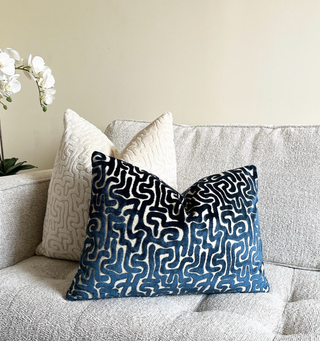 Navy Blue Maze Velvet Throw Pillow